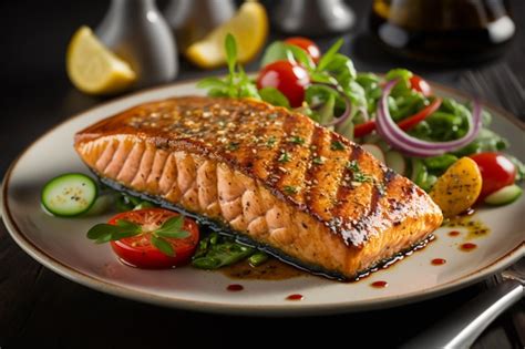Plato de salmón a la plancha con acompañamientos coloridos en un restaurante de Angelmó
