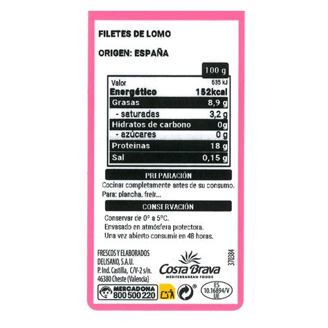 Tabla nutricional de lomo de cerdo