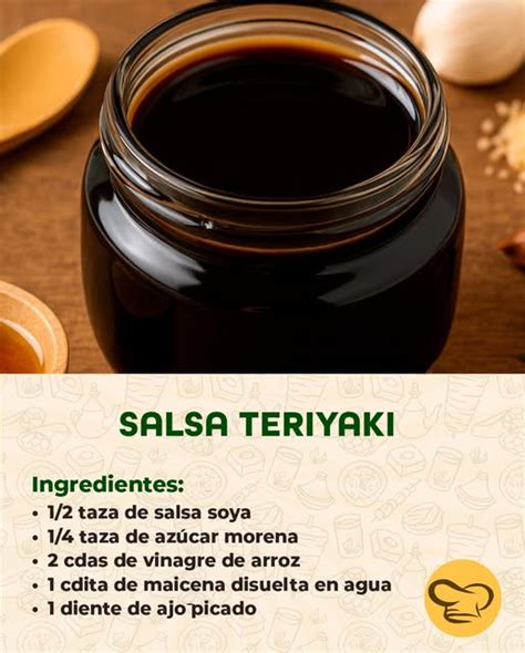 Ilustración de los ingredientes clave para la salsa teriyaki: salsa de soja, mirin, sake, azúcar, jengibre y ajo.