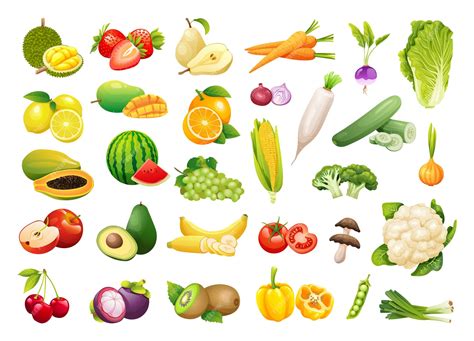 Afiche educativo con diversas frutas y verduras de colores en estilo caricatura.