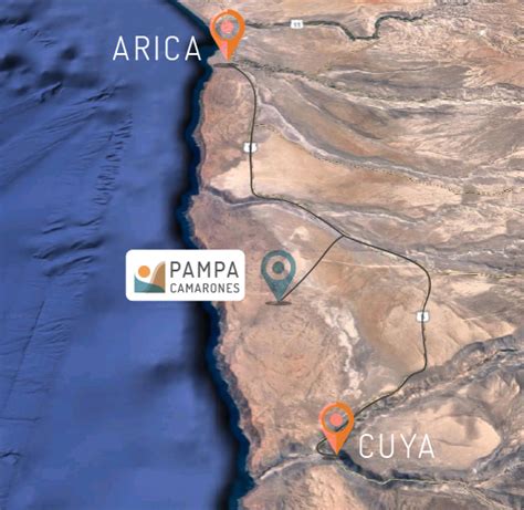 Mapa de la ubicación de Minera Pampa Camarones, a 80 km al sur de Arica y 12 km del mar