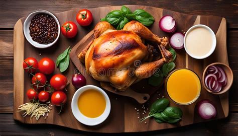 Ilustración de un pollo asado servido con diferentes salsas.