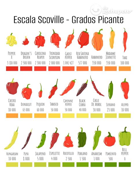 infografía mostrando la escala Scoville con diferentes tipos de chiles y sus niveles de picor