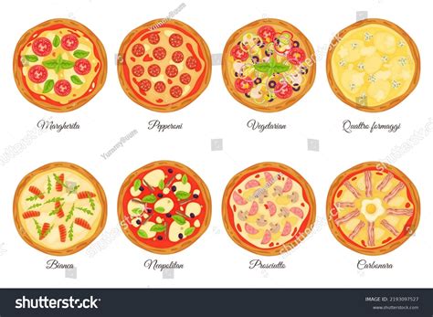 Ilustración de diferentes tipos de pizzas y acompañamientos de Milano's Pizza