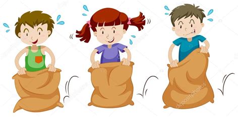 Niños saltando en una carrera de sacos, ilustración alegre y colorida