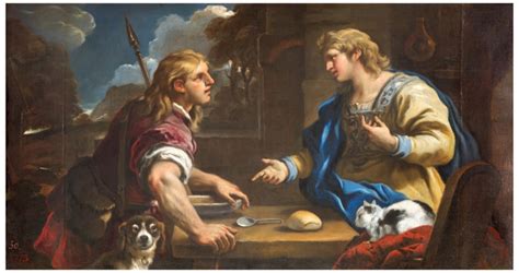Pintura de Luca Giordano sobre Jacob y Esaú, el momento del intercambio de la primogenitura