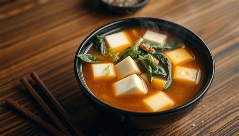 Sopa miso con tofu, shiitake y wakame en un bol de cerámica tradicional.