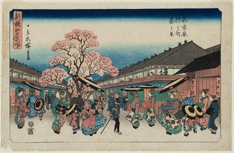 Grabado ukiyo-e del período Edo que representa a viajeros comiendo onigiri triangular