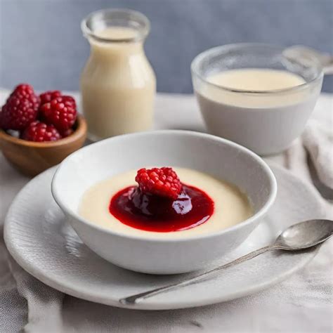 Fotografía de un postre de sémola con leche y manjar, decorado con frutos rojos.