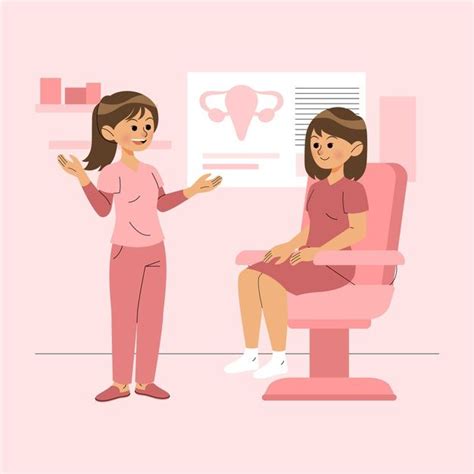 Ilustración de una adolescente interactuando amistosamente con una ginecóloga en un ambiente de consulta