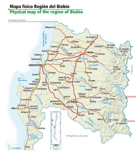 Mapa antiguo de Chile, destacando la región del Biobío y la comuna de Nacimiento