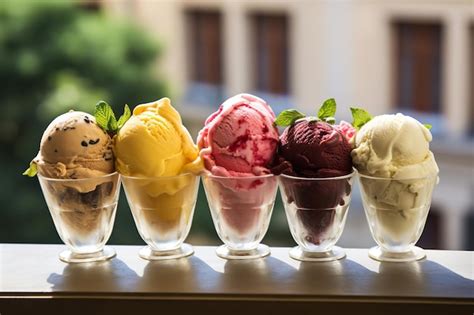 Gelato italiano de varios sabores en copas, con texturas cremosas