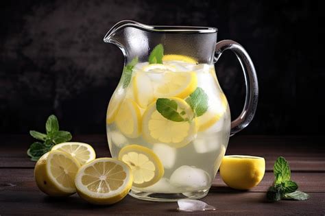 imagen de una jarra de infusión fría de piña con hielo y rodajas de limón