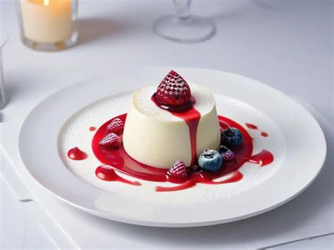 Plato de panna cotta decorado con coulis de frambuesa