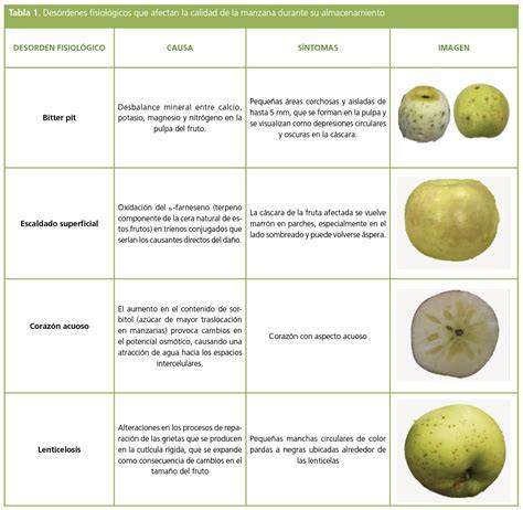 infografía o tabla que resuma los principales defectos y desórdenes fisiológicos que afectan la comercialización de manzanas