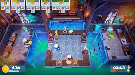 Imagen de gameplay cooperativo en Overcooked mostrando a varios chefs en una cocina caótica