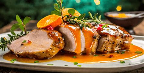lomo de cerdo en lonchas cubierto con salsa de cerezas y cerezas enteras, decorado con ralladura de naranja