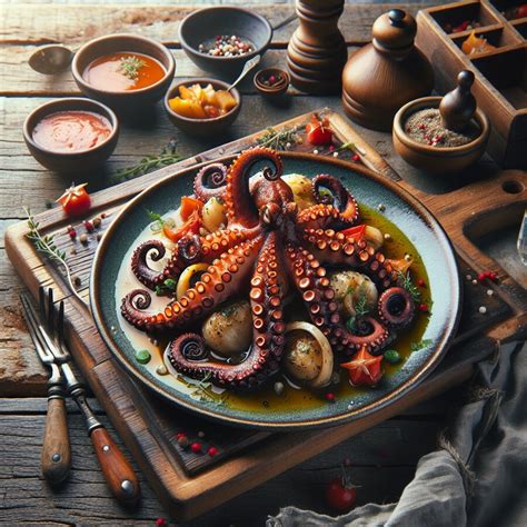 Fotografía gastronómica de un pulpo tierno y bien presentado con una reducción de vino blanco.