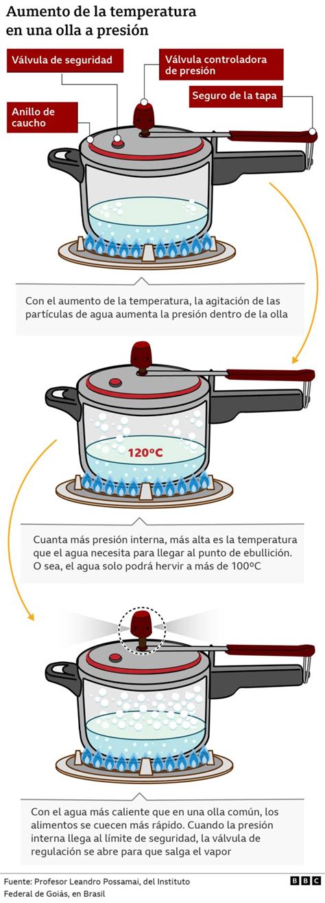 Diagrama simplificado del funcionamiento interno de una olla a presión, mostrando el sellado, la acumulación de vapor y la válvula de escape