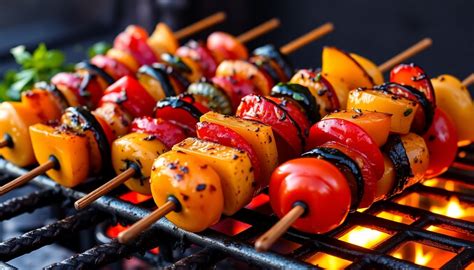Brochetas variadas de verduras a la parrilla.