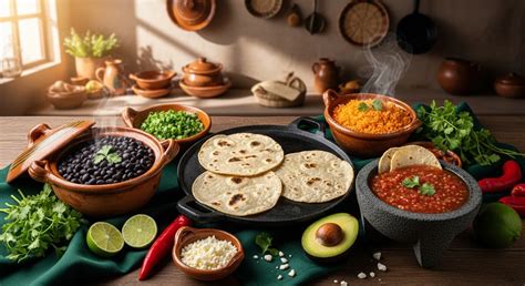 bodegón fotográfico de ingredientes tradicionales mexicanos con frijoles y utensilios de barro