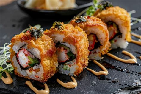 Imagen de un Ebi Roll con cobertura crispy y camarones visibles en su interior