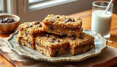 Foto de barras de avena, chocolate y caramelo cortadas en cuadrados