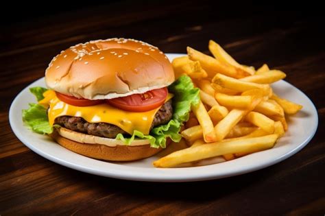Plato de hamburguesa casera con papas fritas y salsas
