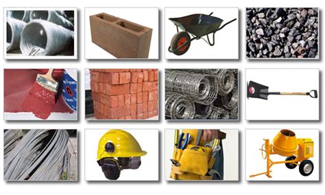 Foto de una selección de materiales básicos para la construcción de un horno, incluyendo ladrillos y sacos de cemento.