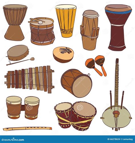 Ilustración de varios instrumentos musicales africanos, incluyendo una Mbira, un Kora y un Balafón.