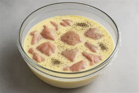 Imagen de piezas de pollo marinando en suero de leche en un recipiente cubierto.
