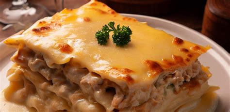 Un plato de lasaña recién horneada cubierta con salsa bechamel dorada