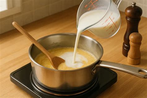 Salsa bechamel espesándose en un cazo, siendo removida suavemente con unas varillas