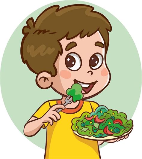 Ilustración de un niño comiendo felizmente o interactuando con alimentos saludables de forma lúdica.