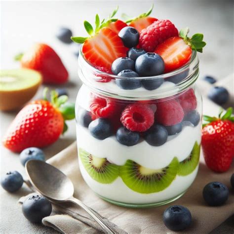 Tarta de yogur con diferentes capas y decoración de frutas