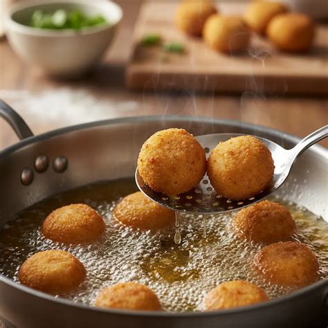 Croquetas doradas y crujientes friéndose en aceite caliente