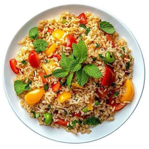Fotografía de un plato de arroz colorido con hierbas, vegetales y especias.