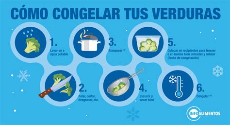Infografía con los pasos básicos para congelar verduras: selección, preparación, escaldado, enfriamiento, secado y envasado.