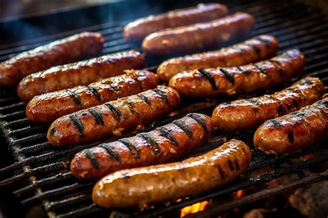 Salchichas cocinándose en una parrilla, mostrando marcas de asado