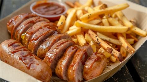 Salchichas doradas en una bandeja para horno con papel de hornear