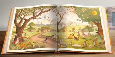 Ilustración artística de un libro de cuentos infantiles abierto con elementos de naturaleza y fantasía