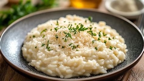 Risotto con salchichas servido y decorado con perejil y parmesano