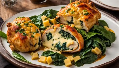 Imagen de pechugas de pollo horneadas con espinacas y queso parmesano, servidas con cous-cous y ensalada.