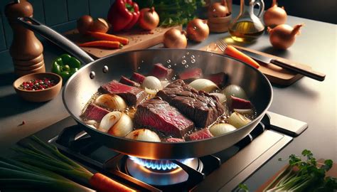 Imagen de las verduras y carne en la olla durante la cocción inicial