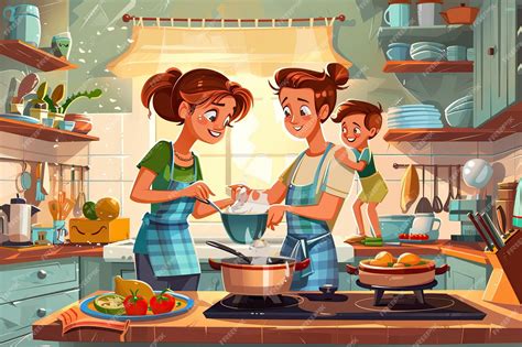 Ilustración de personajes infantiles cocinando juntos