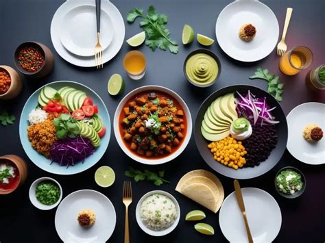 Foto de una mesa con variedad de platos veganos creativos y coloridos