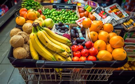 Foto de un carrito de compra lleno de verduras, frutas y legumbres frescas