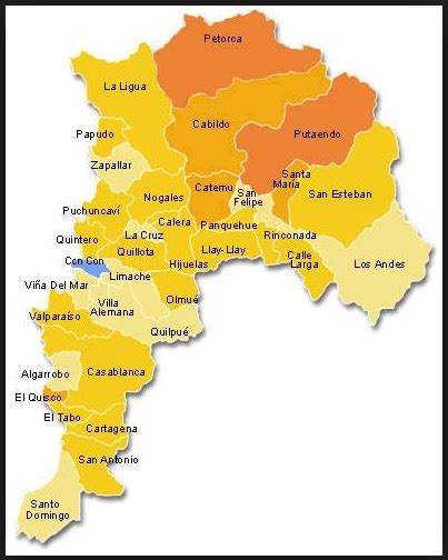 Mapa logístico que señala la ubicación de Quilpué y las comunas de la Quinta Región con mayor concentración de distribuidores de helados.