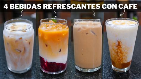 Recopilación de diversas bebidas frías con chocolate presentadas en vasos de cristal decorados con hielos y toppings