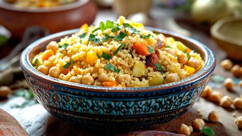 Foto de un plato de cuscús con verduras salteadas, especias y hierbas frescas